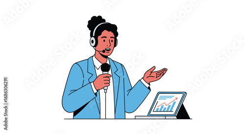 Dynamic presenter with microphone and headset shares growth strategy on tablet screen inspiring business success and innovation, Generative AI.