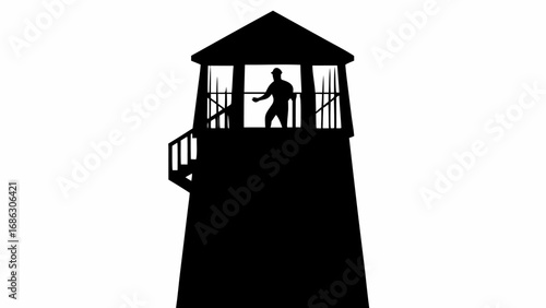 Silhouette of a lighthouse with a man inside the tower standing near the railing and looking out at sea
