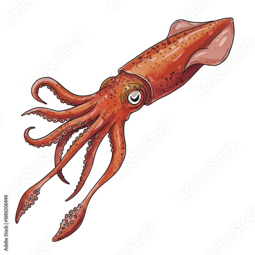 Detailed hand-drawn illustration of a vibrant reddish-orange squid, a marine cephalopod with tentacles, isolated on a white background