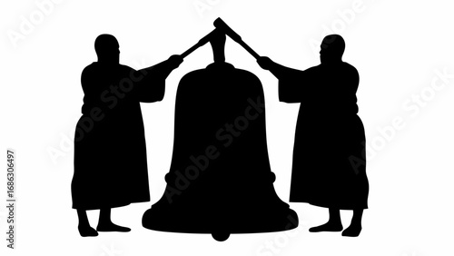 Silhouette of two figures ringing a large bell with mallets against a white background in monochrome art