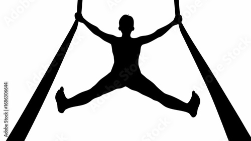 Silhouette of aerialist performing split on aerial silks with arms extended against a white background scene
