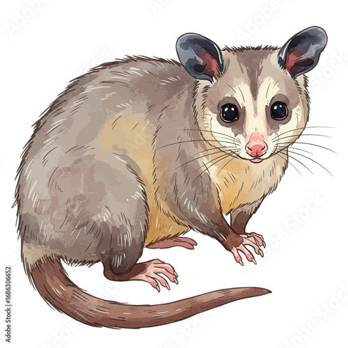 Detailed watercolor vector illustration of a common Virginia opossum sitting and looking forward, isolated on a white background. Cute nocturnal wildlife marsupial art