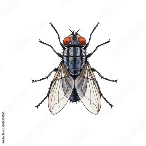 Close-up vector art of a domestic housefly with detailed wings and large red eyes, a zoological illustration isolated on a solid white background