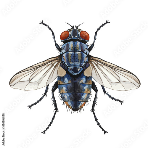 A detailed watercolor vector illustration of a common housefly, possibly a bluebottle, with striking red eyes and a metallic blue patterned body