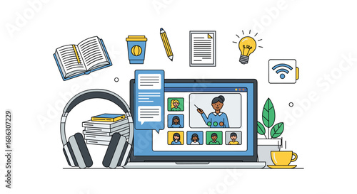 Engaging online learning experience with diverse students and teacher collaborating virtually via video conference on laptop, Generative AI.