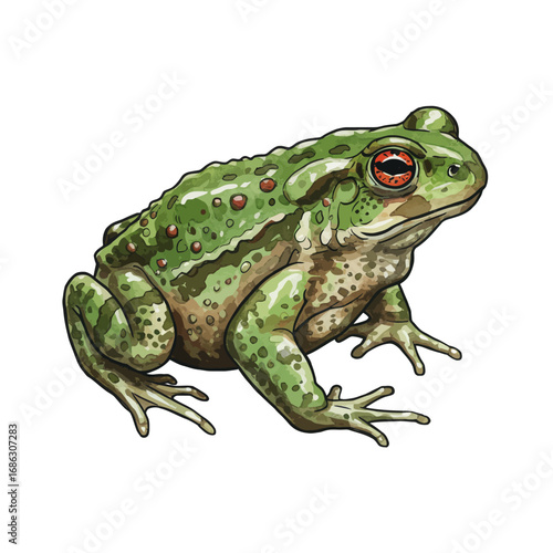 Detailed illustration of a green common toad with red spots, depicted in a vibrant watercolor vector style on a clean solid white background