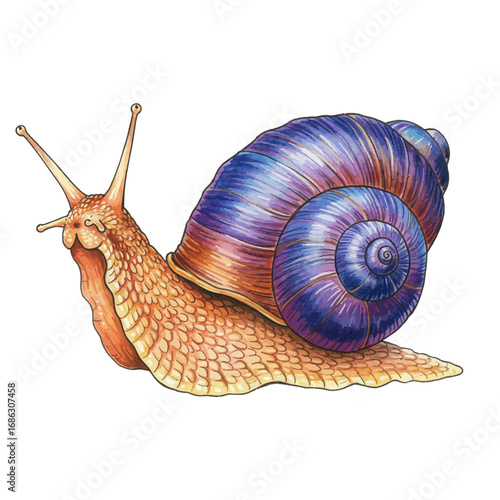 Detailed artistic illustration of a fantasy garden snail with a vibrant, iridescent purple and blue spiral shell, isolated on white background