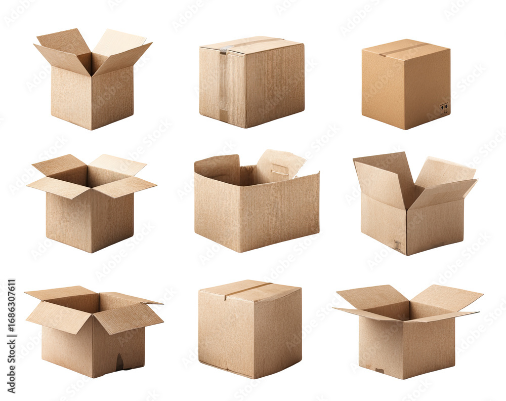 Fototapeta premium Nine cardboard boxes, various opening configurations