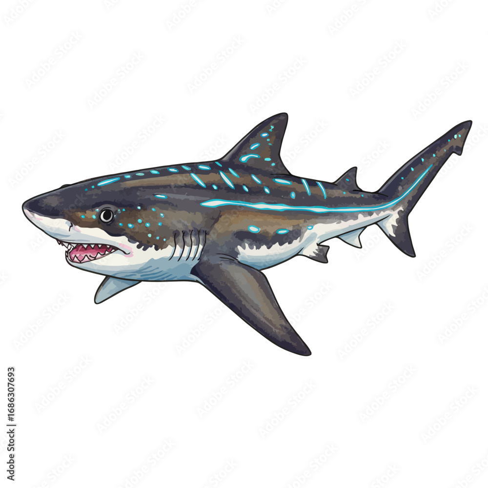 Fototapeta premium Stylized vector image of a predatory ocean shark with luminous blue markings, a digital watercolor drawing for marine life concepts