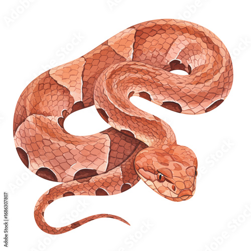 Detailed watercolor illustration of a venomous copperhead snake coiled with its distinctive hourglass pattern, isolated on a white background