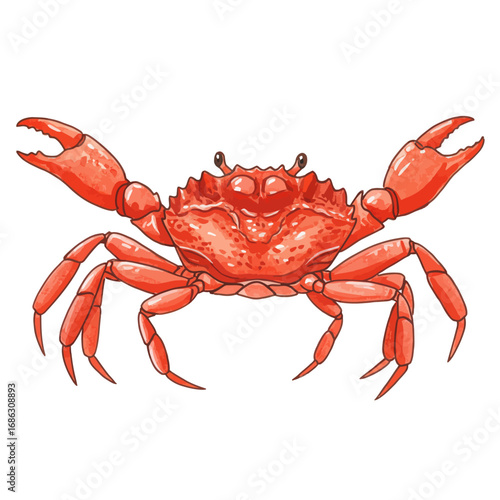 Detailed red crab illustration with claws raised. A vector graphic of a marine crustacean isolated on a white background for seafood