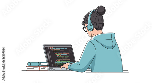 Focused young coder immersed in programming on laptop headphones on surrounded by books mastering digital skills for future success, Generative AI.