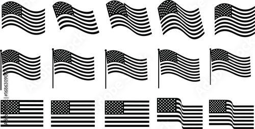 Collection of United States flag silhouettes in various waving and static designs, detailed black and white vector illustration for patriotic and decorative projects