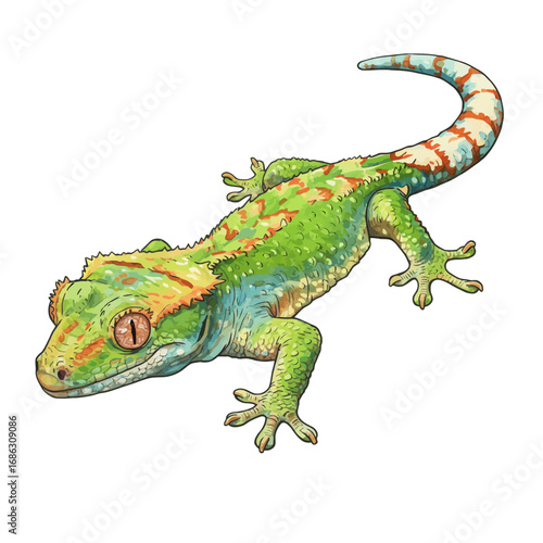 Detailed watercolor vector illustration of a colorful crested gecko. Exotic reptile pet lizard isolated on a white background