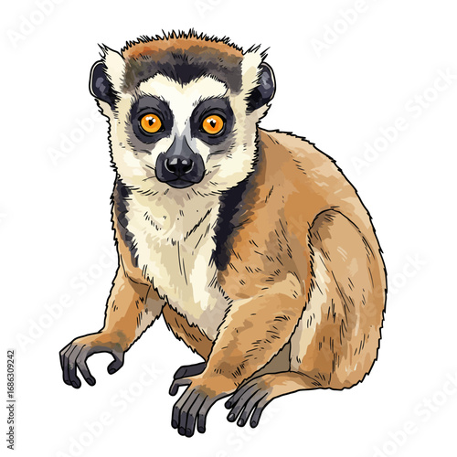 A captivating watercolor style vector illustration of a curious lemur primate, featuring bright orange eyes and soft fur, isolated on a white backdrop
