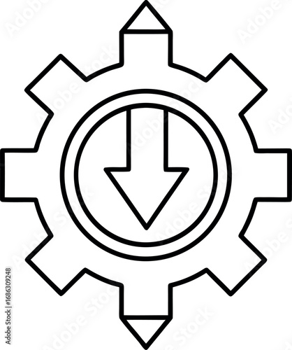 Gear icon with downward arrow for download settings or data transfer processes graphic symbol vector design outline of mechanism