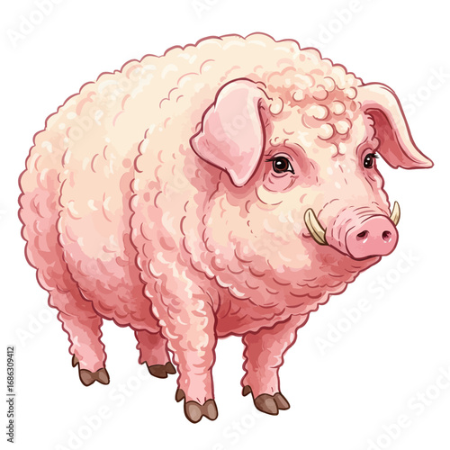 A detailed vector illustration of a charming woolly pig, a unique Mangalitsa breed with curly pink fur and tusks, isolated on a white background