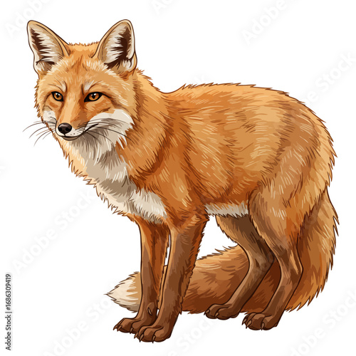 Artistic vector illustration of a beautiful red fox in a realistic watercolor style. Wild canine mammal standing, isolated on a clean white background for design