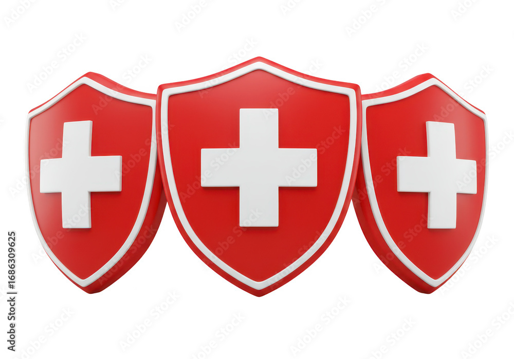 Fototapeta premium Three red shields with white cross isolated on transparent background
