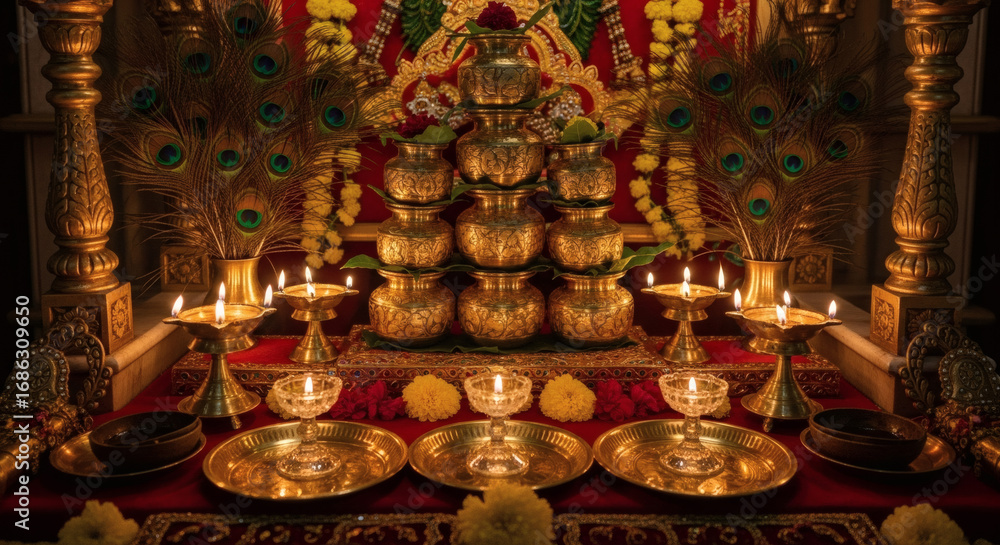Fototapeta premium Close-up of a Hindu altar with lit diyas and golden decorations in a dark room.