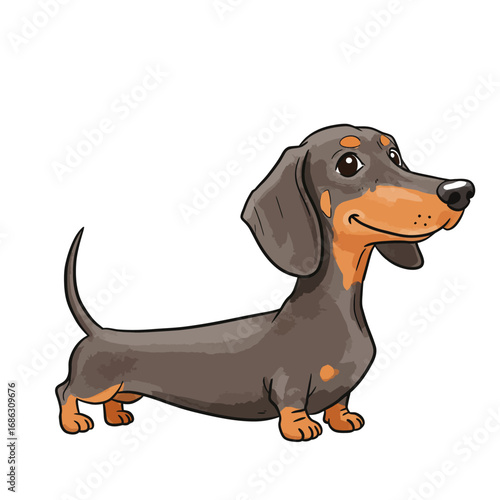 Adorable black and tan dachshund dog illustration. Happy cartoon wiener dog with a smiling face in a watercolor vector style isolated on white