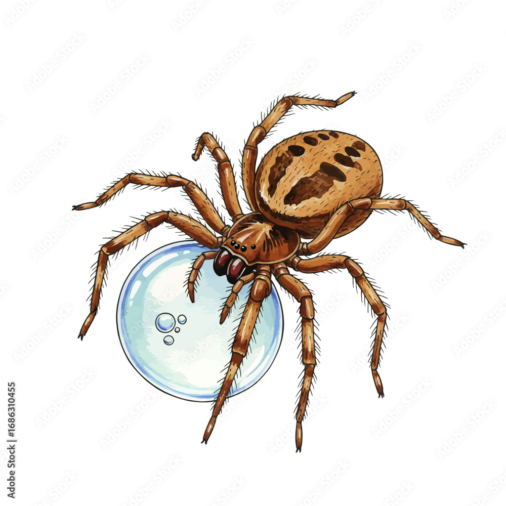 Obraz premium Detailed watercolor vector illustration of a diving bell spider, Argyroneta aquatica, holding its underwater air bubble, isolated on a plain white background
