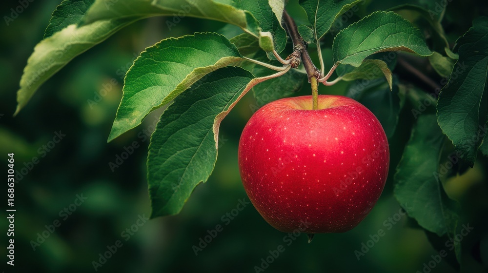Obraz premium Fresh apple growing on a branch in daytime orchard