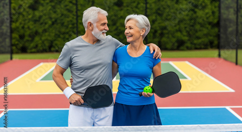 Senior Couple Enjoying Pickleball Together on Colorful Court