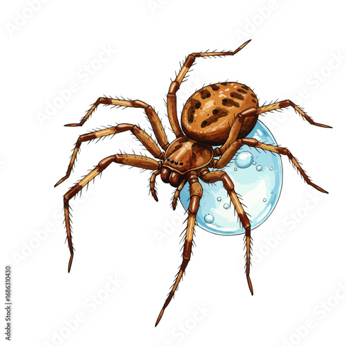 A beautifully detailed watercolor vector illustration of a diving bell spider holding its underwater air bubble, isolated on a white background