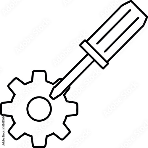 Screwdriver turning a gear icon representing mechanical work engineering maintenance settings and customization in a clean and simple vector style