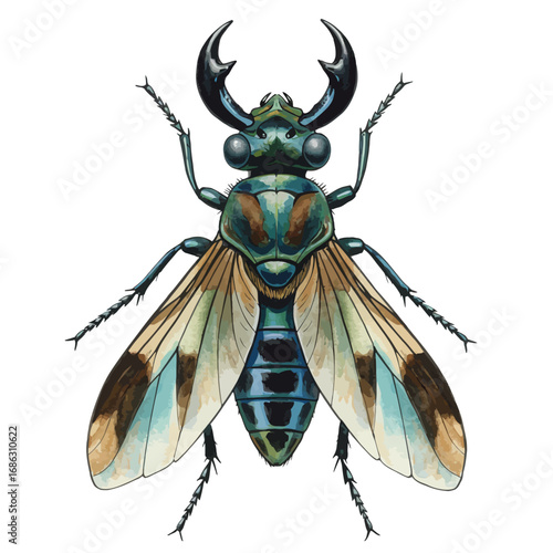 A vibrant watercolor vector illustration of a stag beetle with impressive large mandibles, showing its detailed iridescent shell and patterned wings