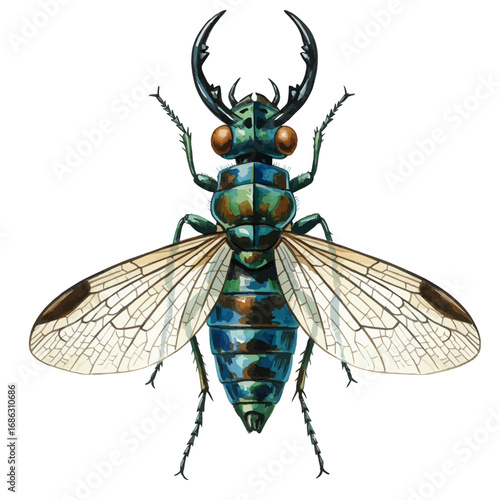 A highly detailed watercolor vector image of a male dobsonfly, highlighting its iridescent metallic green and blue body and intricate wings