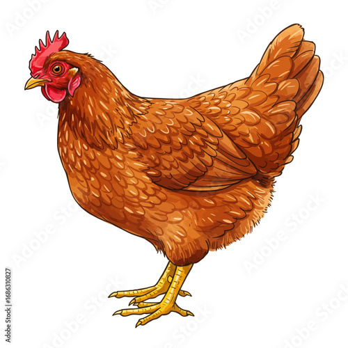 Detailed vector illustration of a brown farm hen standing. Realistic domestic poultry bird, a colorful chicken, isolated on a solid white background