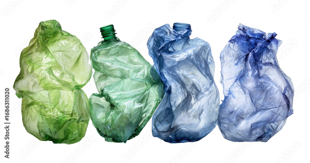 Fototapeta premium Crumpled plastic bottles in varying shades of green and blue