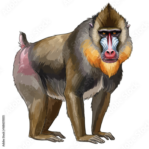 Stunning watercolor vector drawing of a full-body mandrill. Detailed primate illustration highlighting the animal's powerful build and colorful face