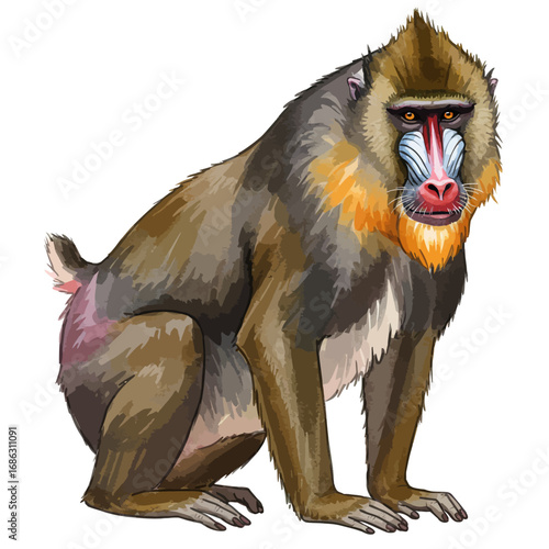A detailed watercolor style vector illustration of a male mandrill sitting, showcasing its vibrant facial colors, isolated on a white background
