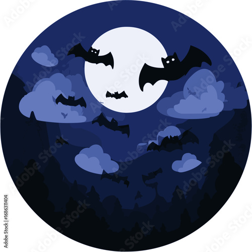 Flying bat silhouette under moonlight in Halloween vector illustration