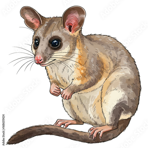 Detailed watercolor vector illustration of a small, adorable pygmy possum with big eyes, isolated on a solid white background