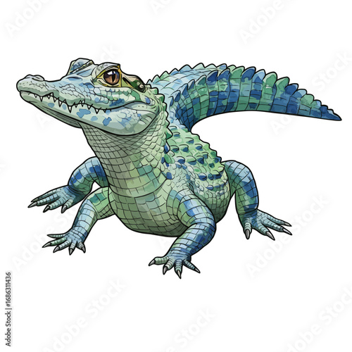 A detailed watercolor vector image of a small dwarf caiman with vibrant blue and green scales. Artistic reptile illustration isolated on a white background