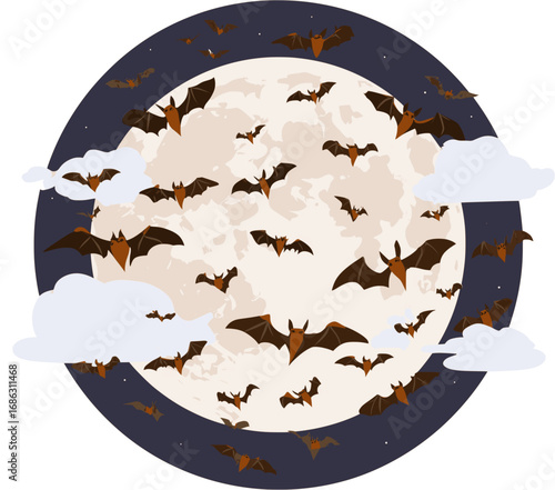 Flying bat silhouette under moonlight in Halloween vector illustration