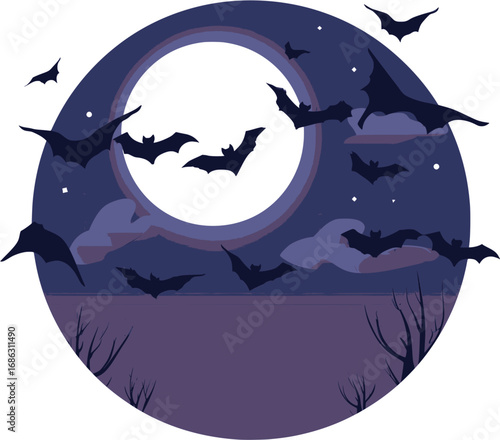 Flying bat silhouette under moonlight in Halloween vector illustration
