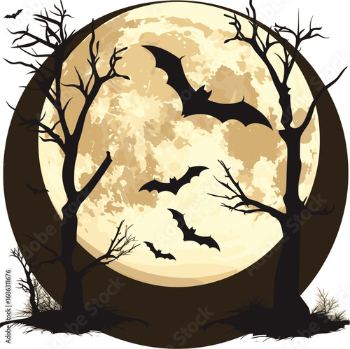 Flying bat silhouette under moonlight in Halloween vector illustration