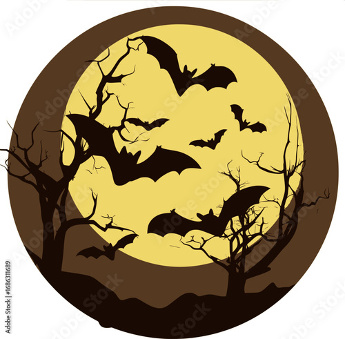 Flying bat silhouette under moonlight in Halloween vector illustration