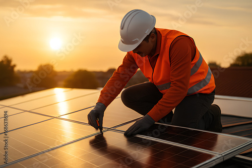 Technician in safety gear installing photovoltaic panels on a rooftop during golden hour with natural sunlight reflections, renewable energy and clean technology concept