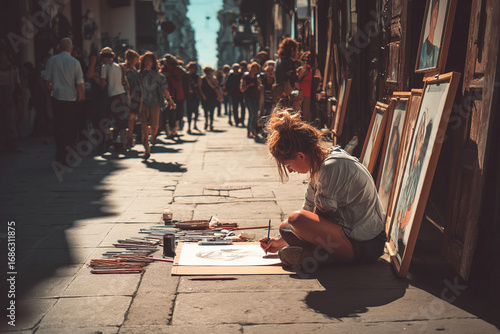 Street artist creates pencil portrait of girl in bustling historic city center
