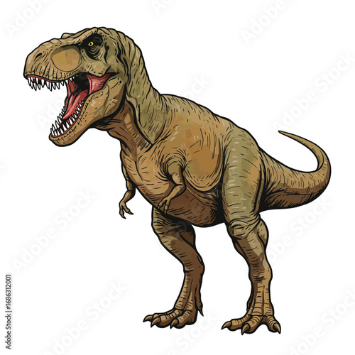 Detailed hand-drawn vector illustration of a ferocious Tyrannosaurus Rex dinosaur roaring with an open mouth isolated on a white background