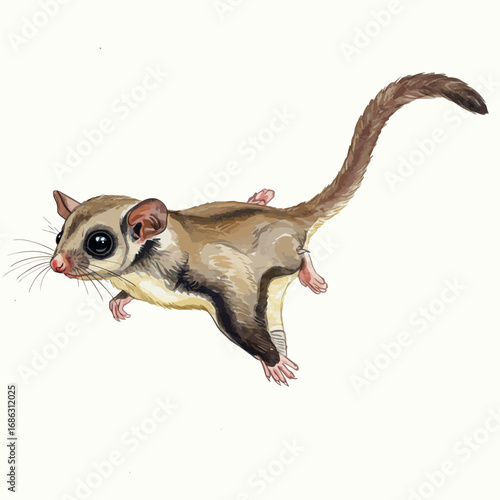 Beautifully detailed watercolor vector illustration of an Australian sugar glider in a dynamic gliding pose, isolated on a clean white background