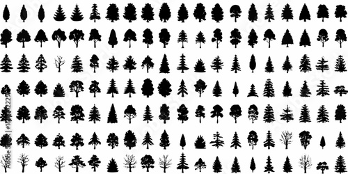 Collection of diverse black tree silhouettes on a white background