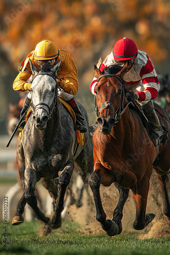 Horses race at the hippodrome with jockeys in vibrant silks competing for victory