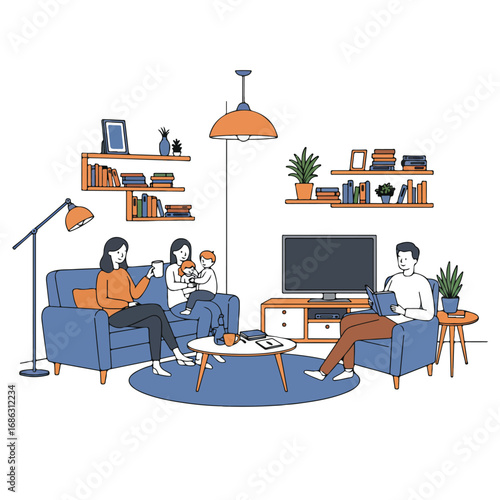 Illustration of a family relaxing in a living room People are on a couch and chairs There are shelves lights and furniture